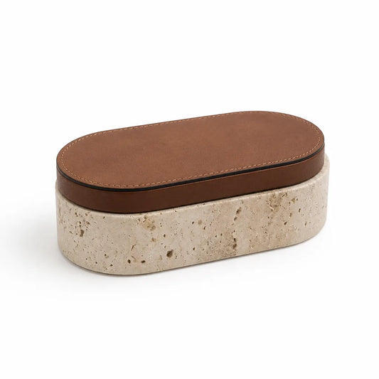 Travertine Stone And PU Leather Lid Jewelry Storage Box