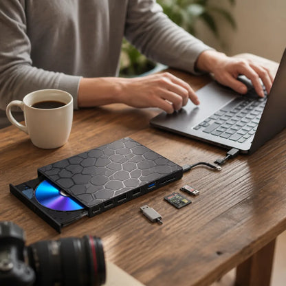 USB-C Hub With SD/MicroSD Card Reader External CD/DVD Drive (Plug-and-Play No Drivers)
