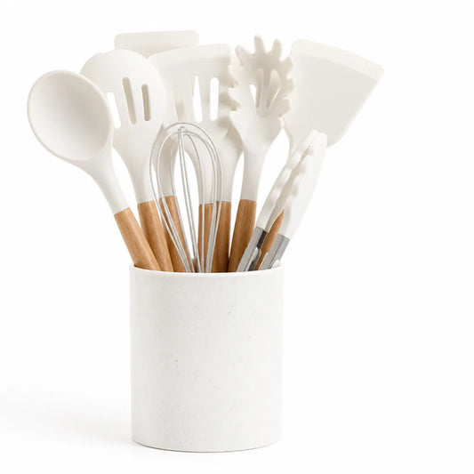 Utensil Set Heat-Resistant Silicone Heads & Wooden Handles