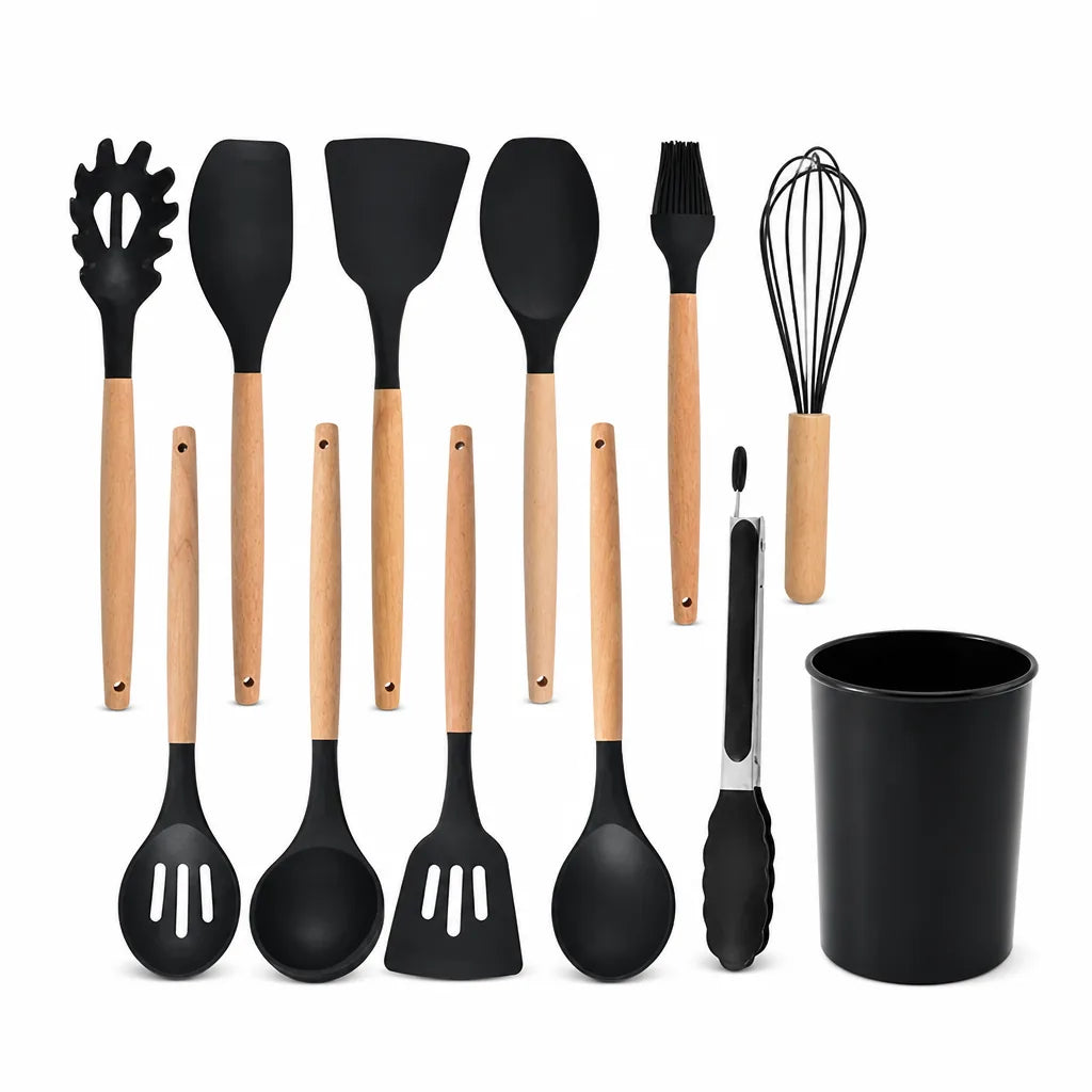 Utensil Set Heat-Resistant Silicone Heads & Wooden Handles