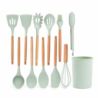 Utensil Set Heat-Resistant Silicone Heads & Wooden Handles