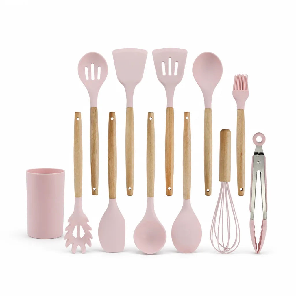 Utensil Set Heat-Resistant Silicone Heads & Wooden Handles