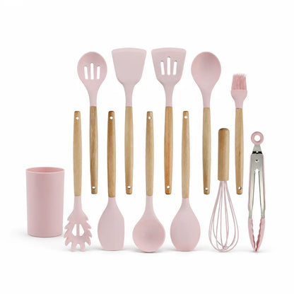 Utensil Set Heat-Resistant Silicone Heads & Wooden Handles