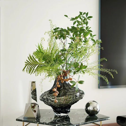 Vase Mouth-Blown Glass Smoky Tint Weighted Base