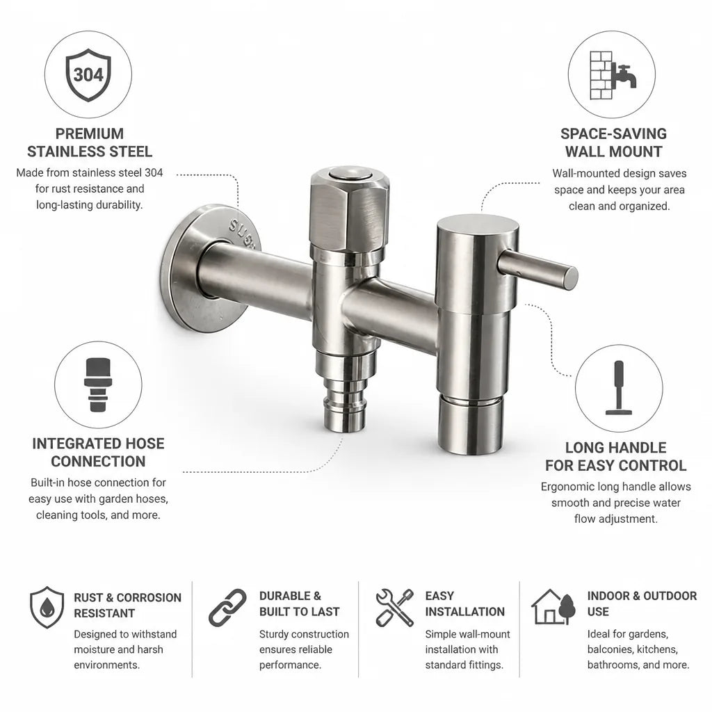 Wall Mount Faucet Stainless Steel G1/2 & Hose Connection
