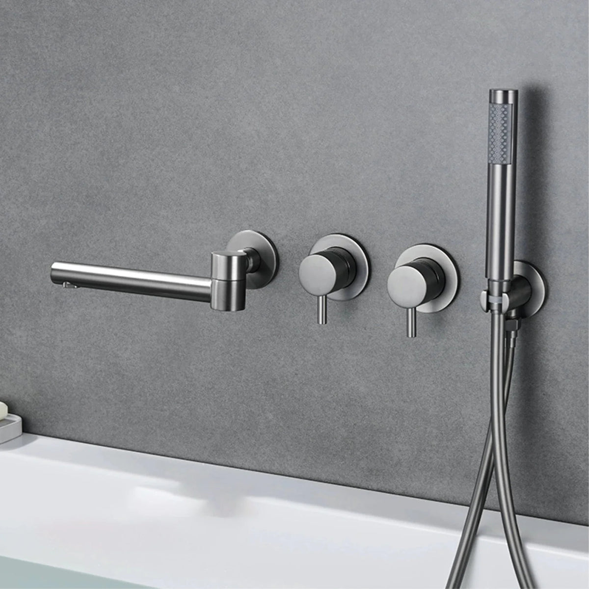 Wall-Mounted Bathtub Faucet Dual-Handle Long-Reach Brass