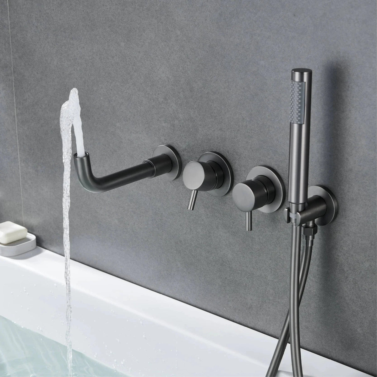 Wall-Mounted Bathtub Faucet Dual-Handle Long-Reach Brass