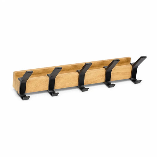 Wall-Mounted Wood and Metal Hook Rail Coat Rack