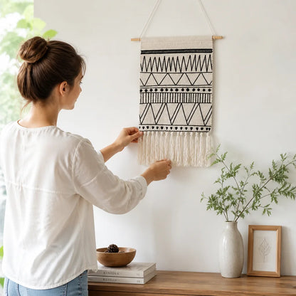 Wall Tapestry Geometric Boho Cotton Blend Fringes