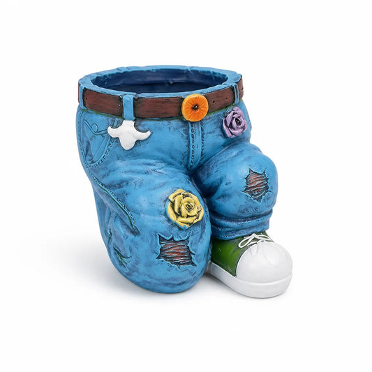 Weatherproof 3D Denim Look Flower Pot (Hand-Painted Seams & Belt Detail)