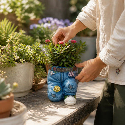 Weatherproof 3D Denim Look Flower Pot (Hand-Painted Seams & Belt Detail)
