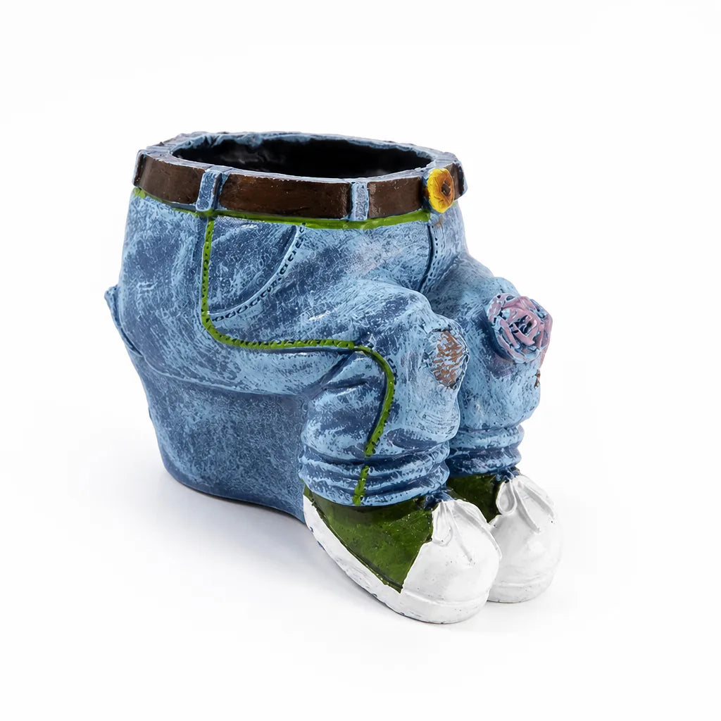 Weatherproof 3D Denim Look Flower Pot (Hand-Painted Seams & Belt Detail)