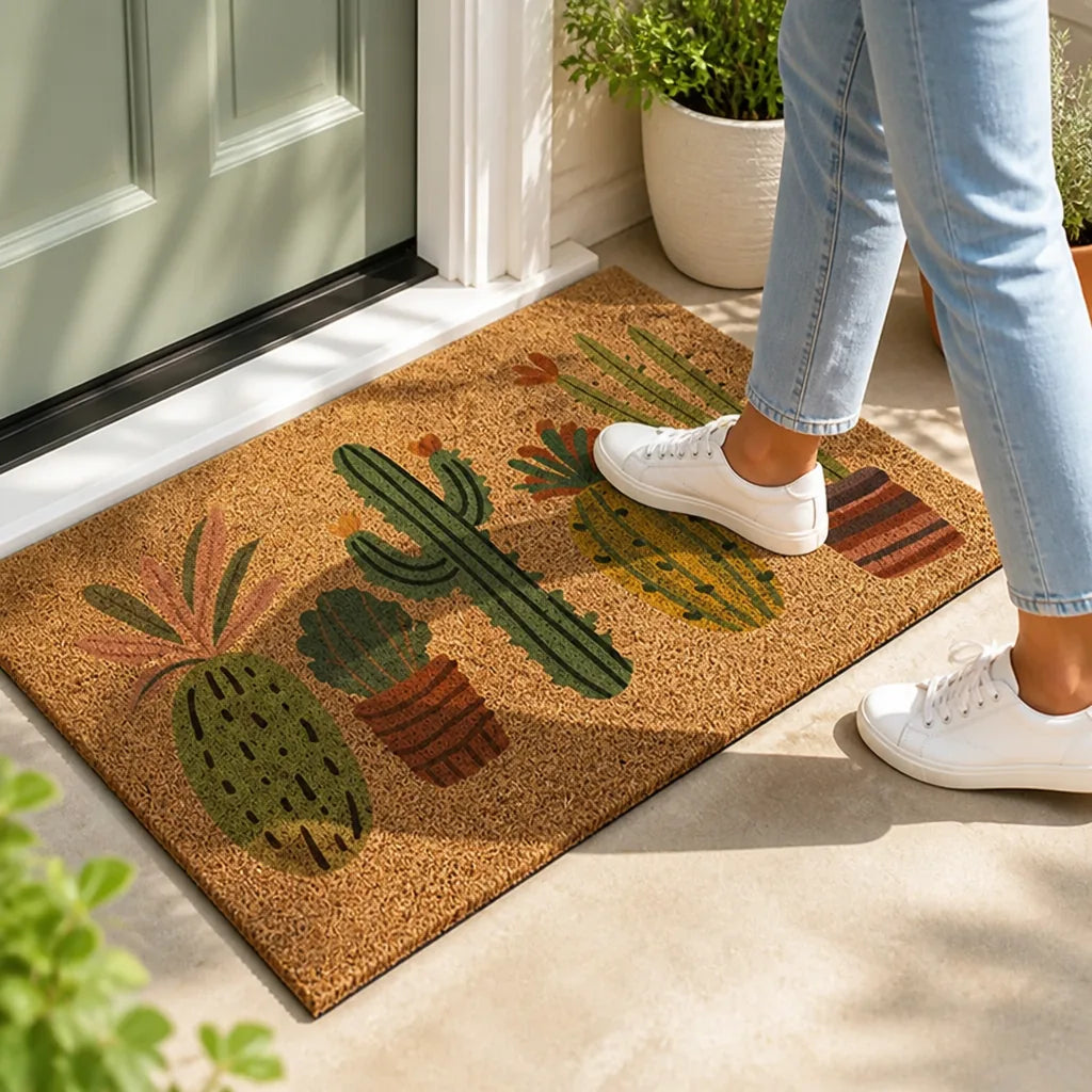 Welcome Mat Cactus Print Natural Fiber & Non-Slip