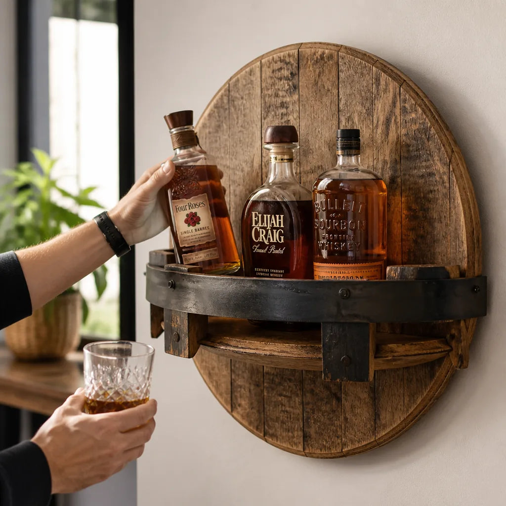 Whiskey Barrel Wall Rack Solid Wood Bottle Storage