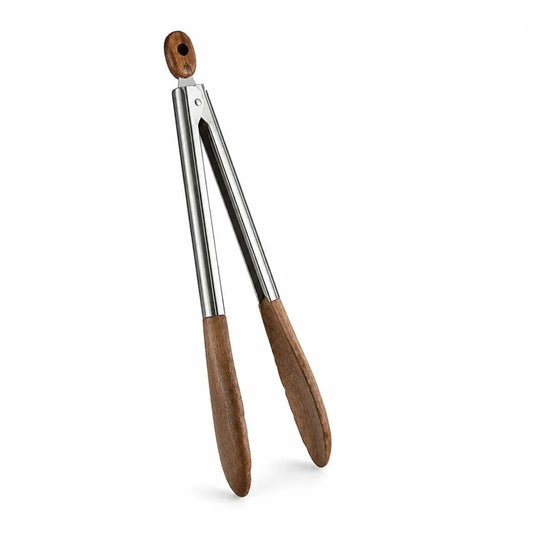 Wood-Handled Stainless Steel Kitchen Tongs (Locking Mechanism)