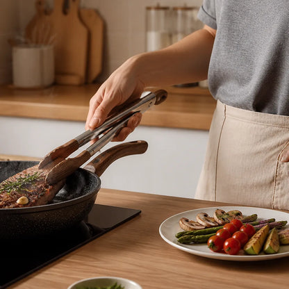 Wood-Handled Stainless Steel Kitchen Tongs (Locking Mechanism)