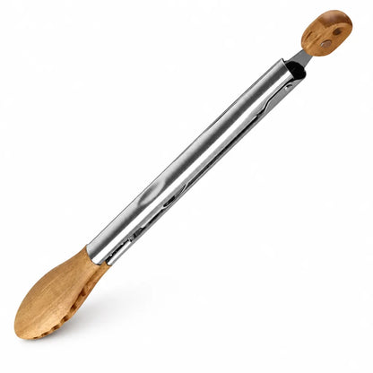Wood-Handled Stainless Steel Kitchen Tongs (Locking Mechanism)