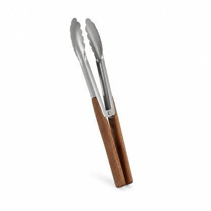 Wood-Handled Stainless Steel Kitchen Tongs (Locking Mechanism)